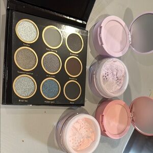 Gray tones Eyeshadow Palette and both pink and lavender pressed loose powder